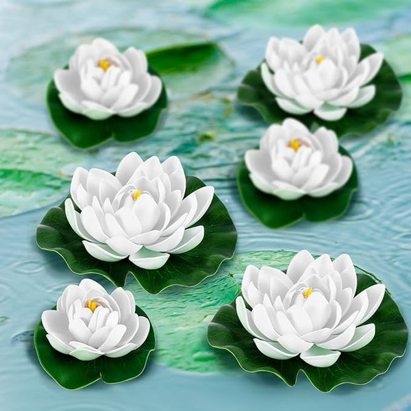 Yunlly 24 Pcs Floating Foam Lotus Flower with Water Lily Pads Artificial Floating Pool Flowers Lifelike Pond Accessories Floating Pool Decorations for Home, Garden Aquarium Party Wedding Decor, White