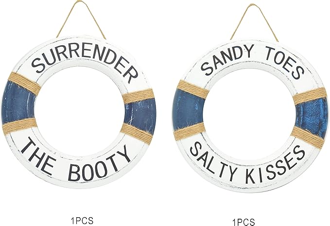 Hand Carved Lifesaver Rings Decor - Surrender the Booty and Sandy Toes, Salty Kisses Design - Nautical Beach Décor - Pool Safety Equipment - Outdoor Sign, Pool and Boat Decoration