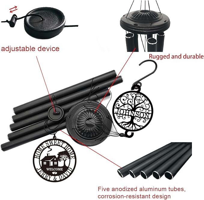 Personalized House Warming Gifts New Home, 37" Black Wind Chimes Housewarming Gifts, New Home Gift Ideas for Women Men Homeowners Couples Family Friends,Outdoor Decor for Patio,Garden,Yard