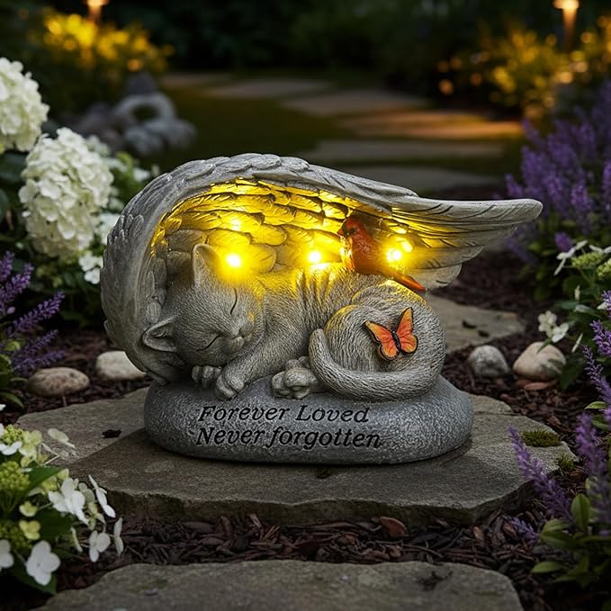 Cat Memorial Stones with Solar Angel Wing Cardinal Butterfly 8 Inch, Sleeping Cat Grave Markers Outdoor Waterproof Pet Loss Sympathy Gift for Garden or Tombstone Statue