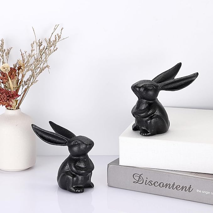 OwnMy 2 Cast Iron Bunny Figurines Outdoor Rabbit Statues for Garden Patio Home Decors, 3.7" Hollow Carved Cute Bunny Statue Vintage Long-Eared Rabbit Ornaments Paperweights for Office Table Decors