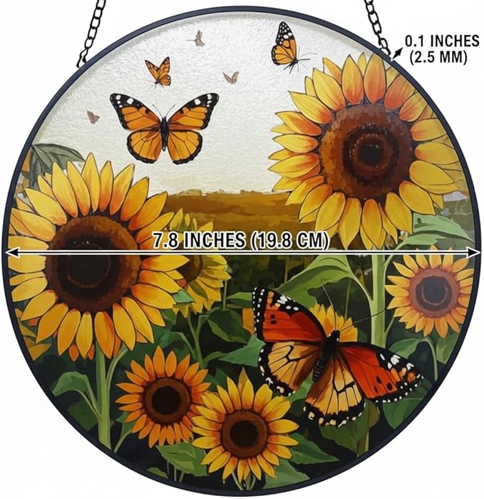 Sunflower Decor Suncatcher,Stained Glass Suncatcher for Window,Originally Designed Butterfly Sun Catchers,7.8" Large Stained Glass Window Hanging,Sunflower Gift for Women