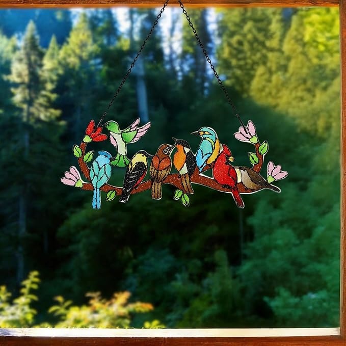 Huray Rayho Stained Glass Sun Catcher Birds On Branch for Indoor Window Hanging, Hand-Painted and Double Side with Gift Packaging, Hummingbird Gifts for Bird Lovers Mom Grandma, Bird Decor Ornament