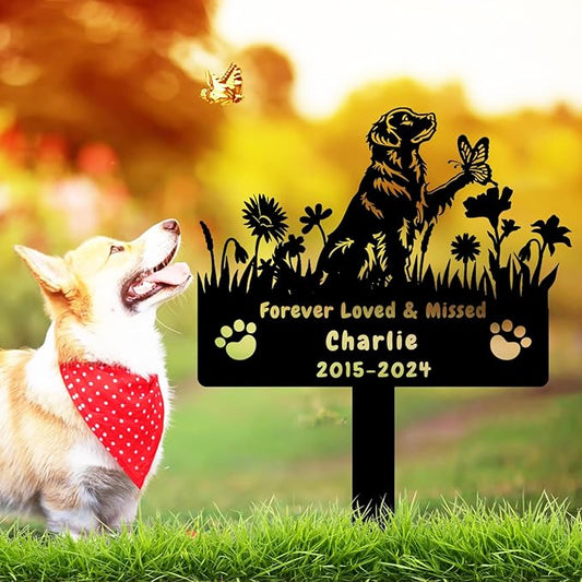 Custom Golden Retriever Dog Memorial Grave Marker,Personalized Metal Flora Dog Memorial Stake,Dog Memorial Plaque Burial Stake Engraved Sign,Sympathy Grave Stake for Lost Dog,Dog Headstone