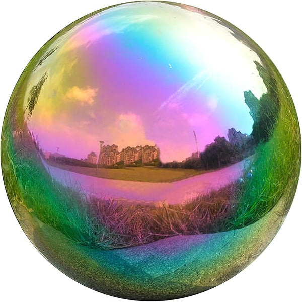 Nerien 10 Inch Gazing Ball, Stainless Steel Garden Mirror Globe, Polished Ornament Sphere, Hollow Floating Reflective Hemisphere, Home Outdoor Pond Housewarming Swimming Pool Decoration Gift, Rainbow