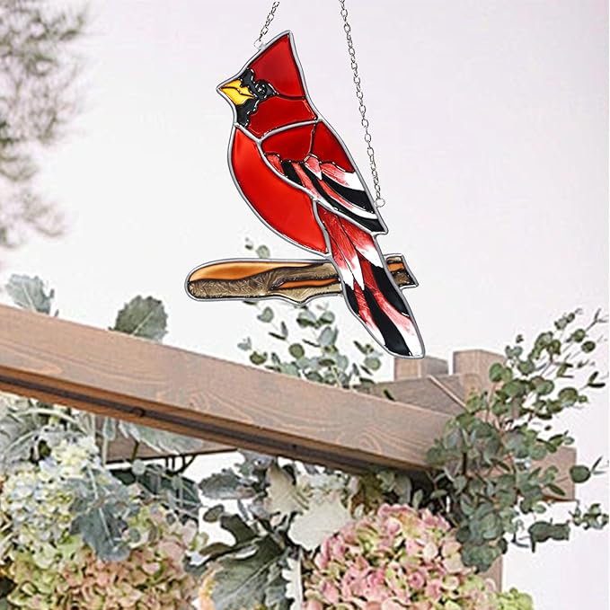 Red Cardinal Decor Stained Glass Bird Window Hanging Suncatcher for Window Decorations Ornament Farmhouse Cardinal Memorial Gifts on Branch for Bird Lovers Mom, Grandma