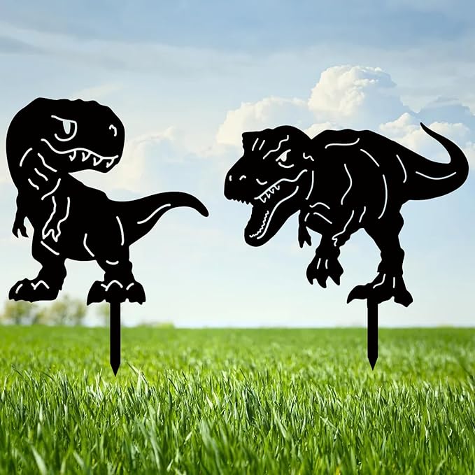 CREATCABIN 2Pcs 2Styles Dinosaur Metal Garden Stakes Dinosaur Garden Decor Art Black Dinosaur Silhouette Statues Garden Decorative Ground Insert Lawn Ornaments for Outside Outdoor Dinosaur Lover Gifts