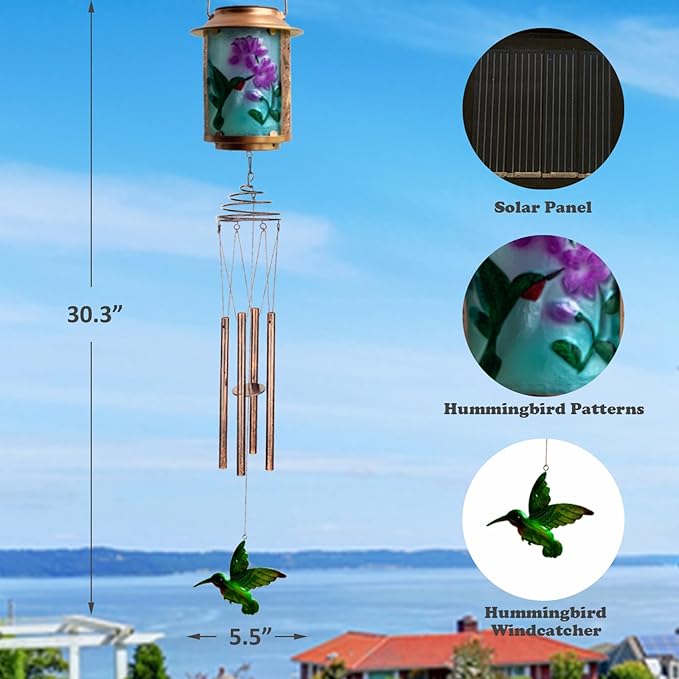 Solar Wind Chimes for Outdoor, Hummingbird Garden Decorations Memorial Wind Chimes Deep Tone, Sympathy Windchimes for Outside Garden Décor, Gifts for Mom, Grandma-Hummingbird