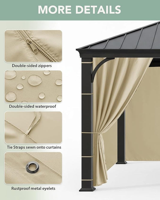 Outdoor Curtains Patio Waterproof - 10'Wx10'Lx7.9'H Gazebo Universal Replacement Privacy Curtains, 4 Panels Outside Sidewall Drapes with Zipper for Pergola Garden Backyard, Cream