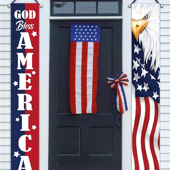 Deroro 4th of July God Bless America Patriotic Eagle Porch Banner Sign, Memorial Day American Flag Stars Stripe Front Door Decorative Hanging Welcome Banner, USA Decoration Home Outdoor Yard Decor
