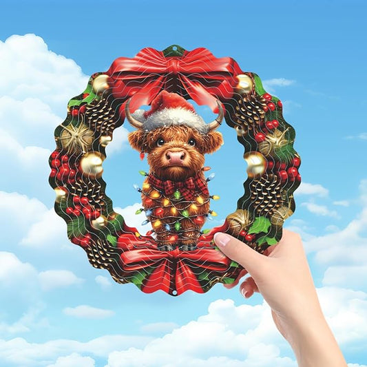 Cow Metal Wind Spinner 3D Hanging Christmas Wind Spinners Decor Christmas Bull Head Metal Wind Sculptures for New Year Gift Party Yard Garden Outdoor Indoor Decor