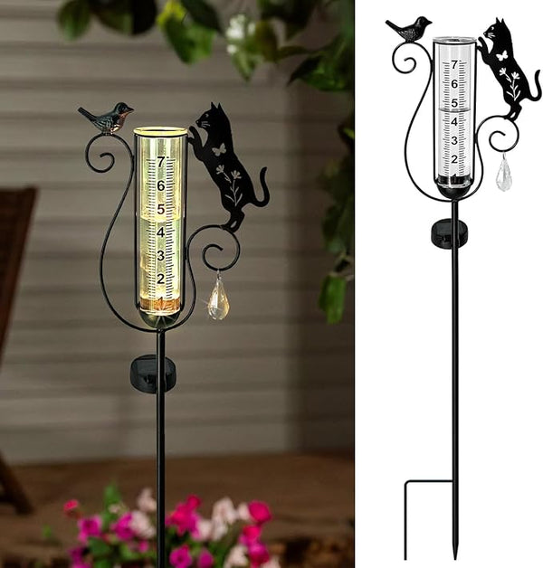 Rain Gauge Outdoor,Decorative Metal Black Cat and Bird Solar Light Stake with Rain Gauges Best Rated for Yard,Garden,Lawn, Pathway, 7" Glass Tube