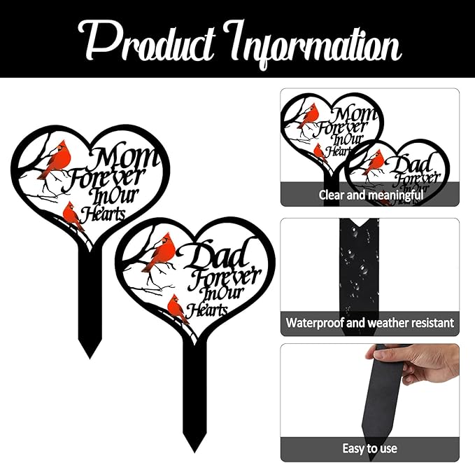 OZIO Memorial Grave Markers for Cemetery, Heart Memorial Plaque Stake Cardinals Garden Stake Memorial Metal Grave Stake Decoration for Mom Dad Cemetery Outdoors Yard Garden