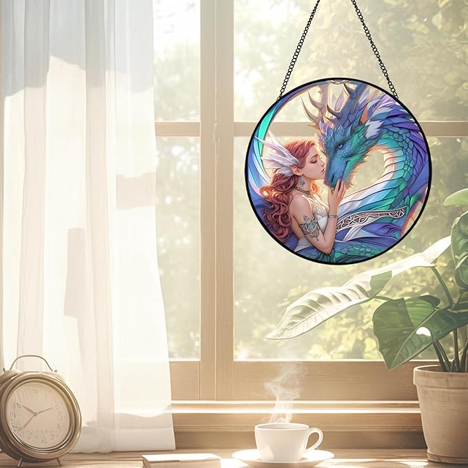Dragon Fairy Stained Glass Window Hanging, 7.87" Fantasy Suncatcher for Windows with Chain, Fantasy Glass Sun Catcher Decor for Home Bedroom, Window Ornament Gifts for Women & Dragon Lovers
