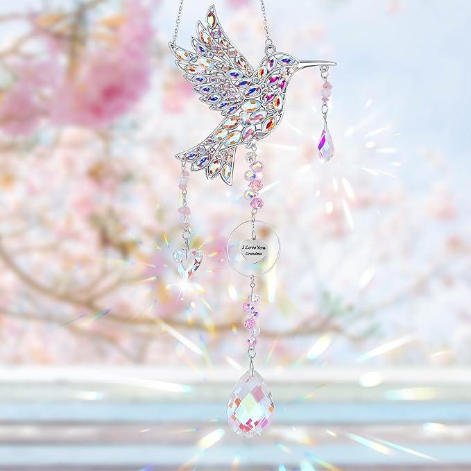 Gifts for Grandma, Hummingbird Gifts for Grandma, Nana, Grandmother, Mothers Day Birthday from Grandkids, Hanging Hummingbird Home Decor Sun Catchers Indoor Outside Decoration for Spring Garden