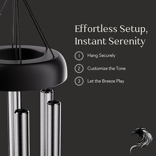 Serene Harmony 32-Inch Deep Tone Wind Chimes - Matte Black & Silver Memorial Chimes for Outside - Weather Resistant Aluminum Decor for Garden, Patio, and Porch