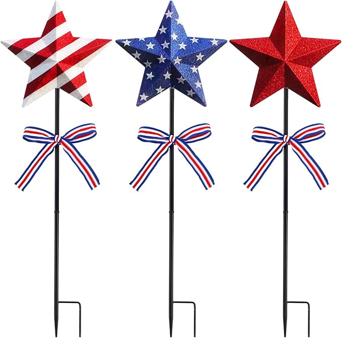 Amyhill 4th of July Decorations, 3 Pack Patriotic Star Garden Stakes, Glitter 250th Anniversary Red White Blue Metal Yard Signs with Stakes, Outdoor Decor for Patio Lawn Walkway