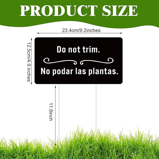Menkxi 2 Pcs Do Not Trim Yard Signs with Plastic Stakes, 9.2'' x 4.9'' Bilingual Plant Signs Outdoor PP Material Garden Markers, 11.81'' Stake (Black)