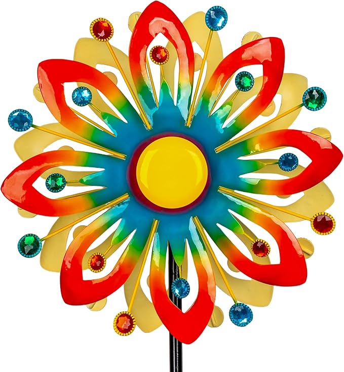 Solar Wind Spinner Outdoor Metal Garden Decor โ 60.63'' Kinetic Flower Sculpture with Color-Changing LED Crackle Glass Ball & Gemstone, Waterproof Wind Catchers for Patio, Yard, Lawn Art Decoration