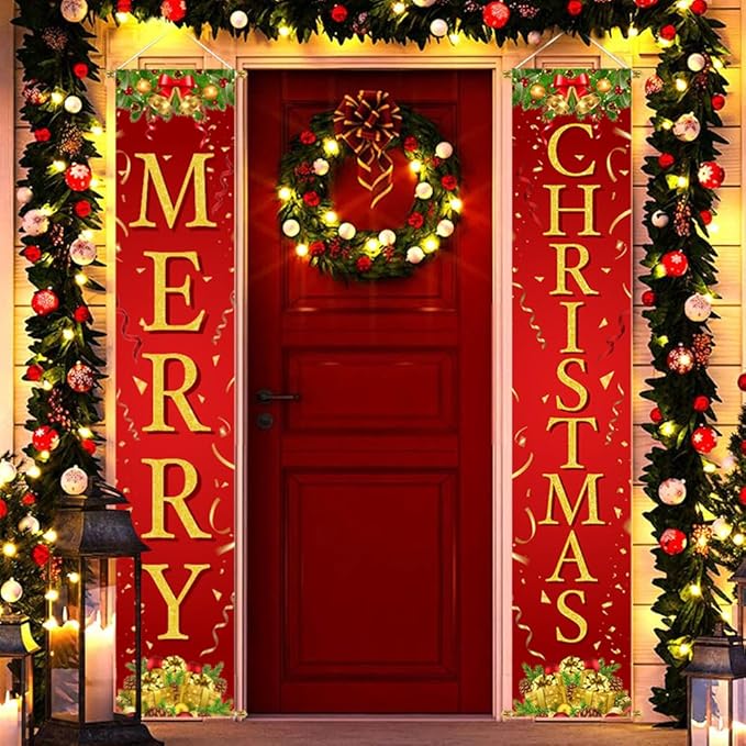 Ivenf Christmas Decorations Outdoor Yard: Red Gold Door Banner Front Porch Sign Set, Hanging Merry Christmas Decorations for Home, Indoor Outdoor Xmas Decor Wall Front Door Yard Garage
