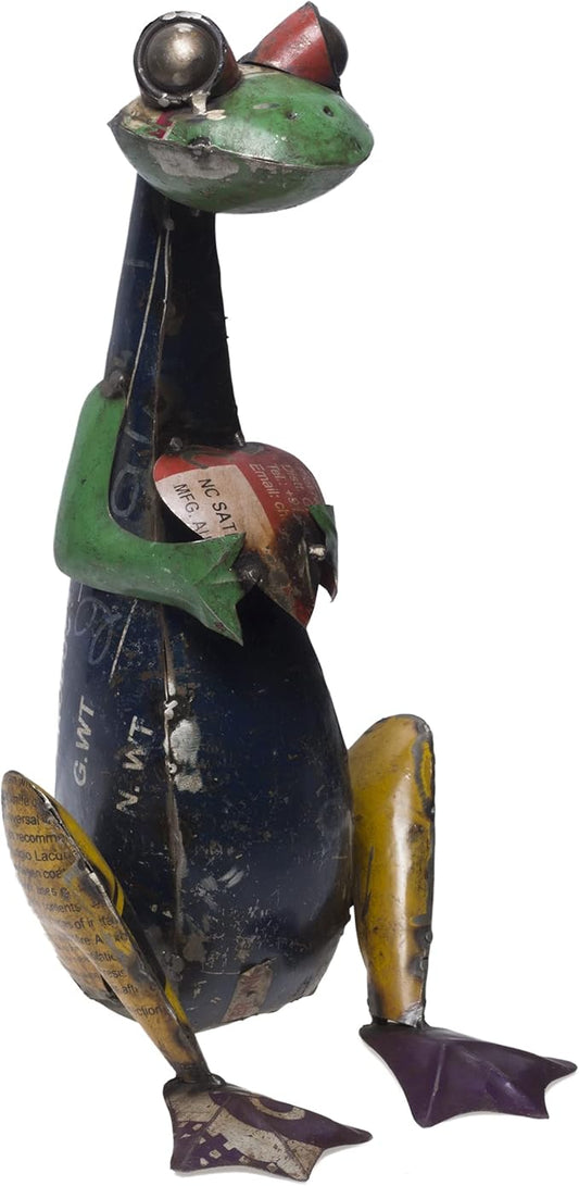 DeKulture Recycled Iron Frog with Heart - Garden Statue | Eco-Friendly Metal Art (7.8x7.5x13.5 Inches)