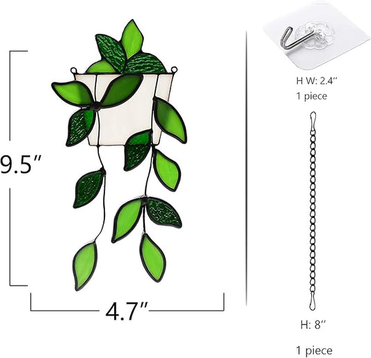 BOXCASA Stained Glass Window Hanging for Plant Lovers,Handmade Green Plants Artificial,Suncatcher Plant Gifts for Women,Grandma,Mother's Day,Christmas