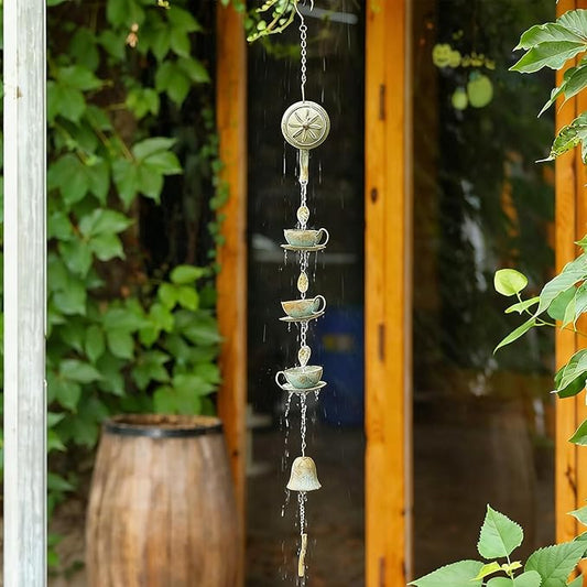 Jemeni 40" H Teapot & Cups Rain Chime with Bell Hanging, Green Patina…