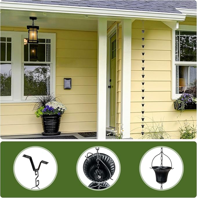 MyGift 10 ft Decorative Rain Chains with 15 Ribbed Bell Cups and V-Hook, Black Metal Rainwater Downspout Replacement for Outside House Gutter Drain Spout