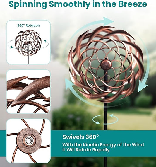 360° Copper Garden Wind Spinners Outdoor for Yard & Garden – W13xH63 Copper Metal Kinetic Sculpture Inspired by Bronze Sundial – Elegant Outdoor Decor