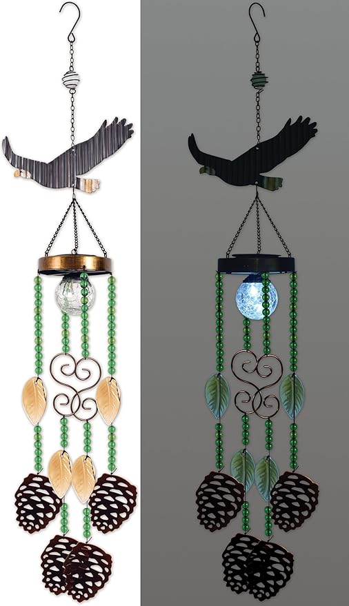 Sunset Vista Designs Wildlife Windchimes - Solar Lighted Wind Chime Indoor Outdoor, 33" Long, Eagle