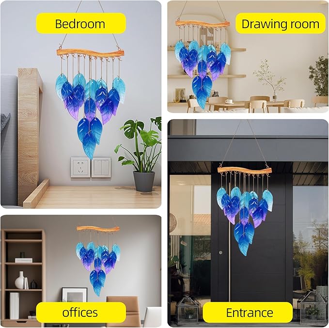 Wind Chimes Blue Glass Leaves, Garden Wind Chime for Home, Party, Festival Decor, Glass Garden Patio Yard Porch Decoration Indoor/Outside, Lifelike Leaf Style