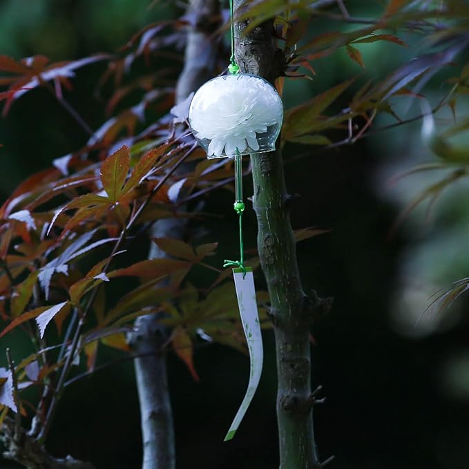 Japanese Wind Chime Glass Outdoor Ornament for Garden, Patio & Balcony, Hanging Wind-Bell Decoration Gift, Blessing Pendant Windchimes & PVC Wind-Catcher, White Flower