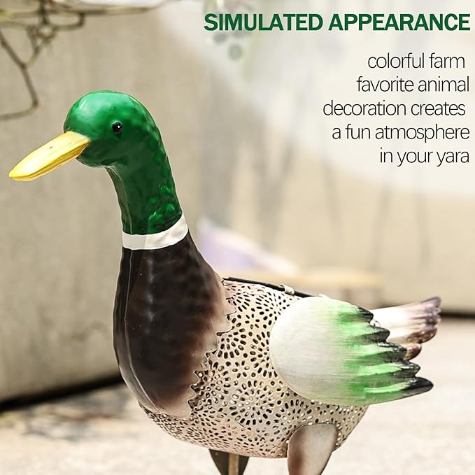 Solar Ducks Outdoor Statue, Hand-Painted Iron Mallard Duck Sculpture, 9.8 x 11.22 Inches Garden Yard Lawn Art Decor for Indoor Outdoor Home Patio Decor Accent