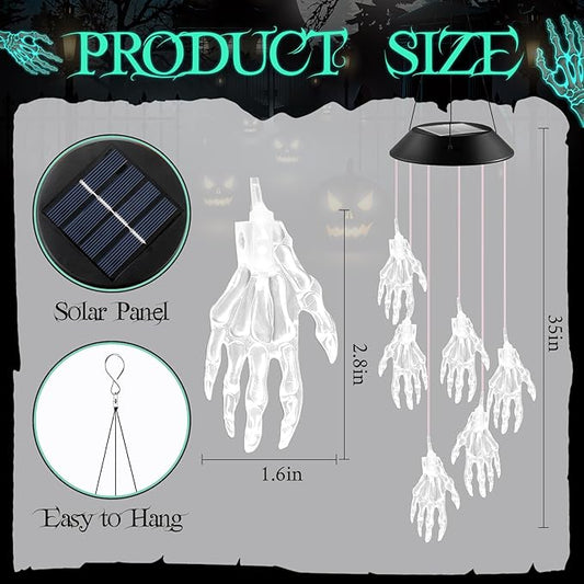 Wonderjune Halloween Solar Wind Chimes for Outside Skeleton Hand LED Color Changing Light Outdoor Mobile Wind Chime for Garden Patio Yard Porch Home Decor