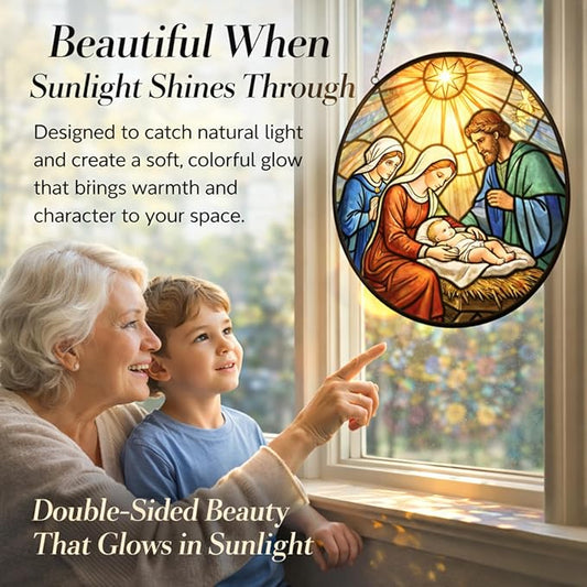 Holy Family Nativity Suncatcher Window Hanging, 7.8" Stained Glass Religious Gift for Mom, Grandma and Friends, Christmas Faith Decor for Window, Prayer Room, Sunroom and Office