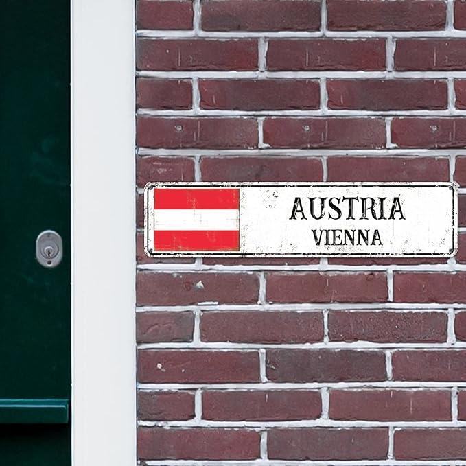 Personalized Austria Street Sign Austria Flag Metal Sign Capital City of Austria Metal Sign Road Rustic Wall Art Country City Indoor & Outdoor Decor for Home Man Cave Door Porch Garden Party 24x6in