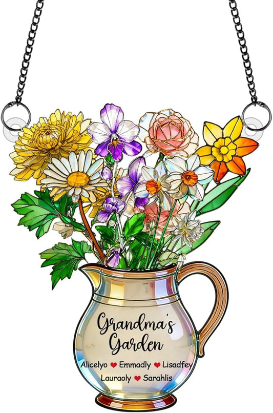 Personalized Grandmas Garden Stained Glass Acrylic Suncatchers, Custom Name Birth Month Flowers Window Hanging Ornament, Mothers Day Christmas Birthday Gifts for Grandma Mom Nana Mimi (Style 05)