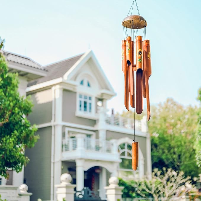 Afirst Bamboo Wind Chimes, 38" Sunflower Wooden Windchimes with Coconut Crown Valentine's Day Gift Handcrafted Memorial Sympathy Gift for Garden, Patio, Home or Outdoor Decor