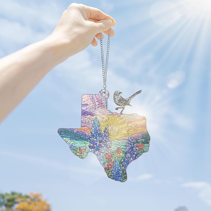 FLAGWIX Texas Gifts for Women Men - Stained Glass Window Hanging 8in - Mockingbird Bluebonnet Suncatchers for Windows Hanging, Texas Themed Gifts for Friends, House Warming Gift Ideas
