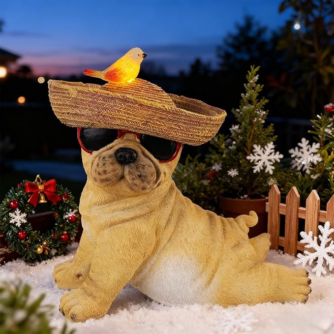 Glintoper Solar Garden Statue Dog Figurine, 8.7" Outdoor Resin Puppy Whimsical Lawn Porch Yard Art, Birthday Mothers Day Ideal Gifts, Lighted Shar Pei Ornaments for Patio Pathway Yard Decoration 