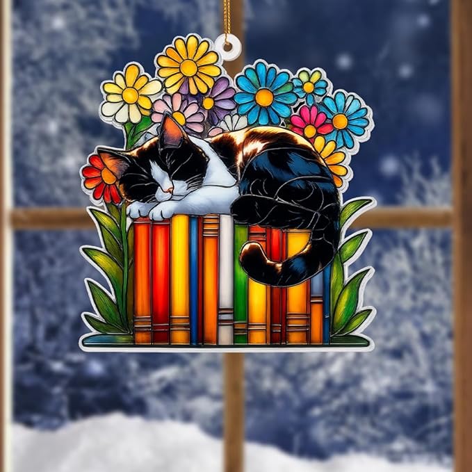 Cat Book Ornament โ Stained Glass Style Acrylic Christmas Ornament, Book Lover Gifts for Women, Teacher & Librarian Holiday Decorations, Bookworm Fantasy Ornament for Reading Nook or Tree(Sun-16)