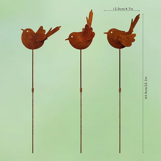 3PCS Rusty Metal Bird Stake Cute Birds Kinetic Sculpture Metal Garden Animals Stake Garden Decor Gifts for Friends and Family