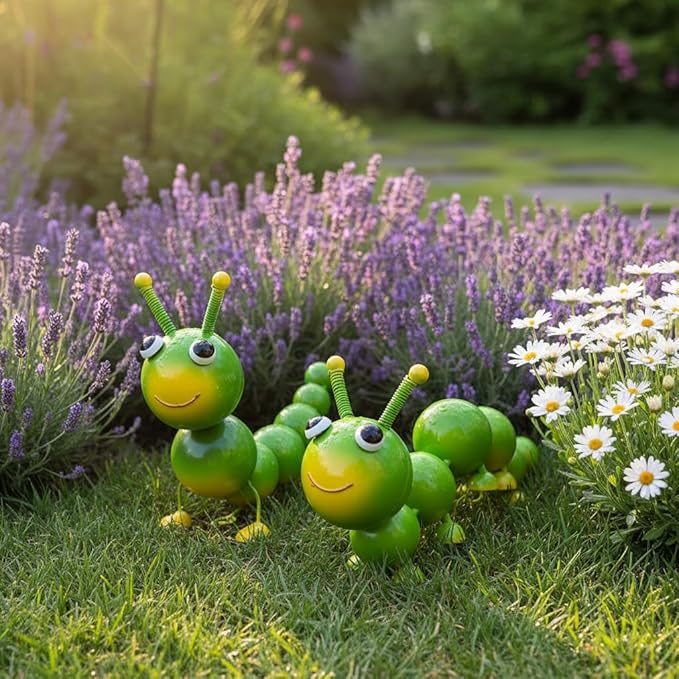 Cruis Cuka Metal Caterpillar Statue Yard Art Garden Decor for Outside Patio Lawn Ornaments Fence Decorations Gift for Family,Friends,Garden Lovers - Set of 2(Green)