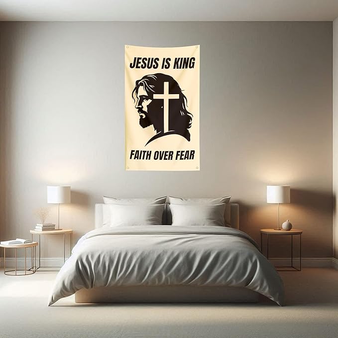 Jesus Is King Faith Over Fear Cool Inspirational Flags Motivational Religious Christian Flags Banner 3x5 FT Room Guys Girls College Dorm Bedroom Church Wall Hangings Beige