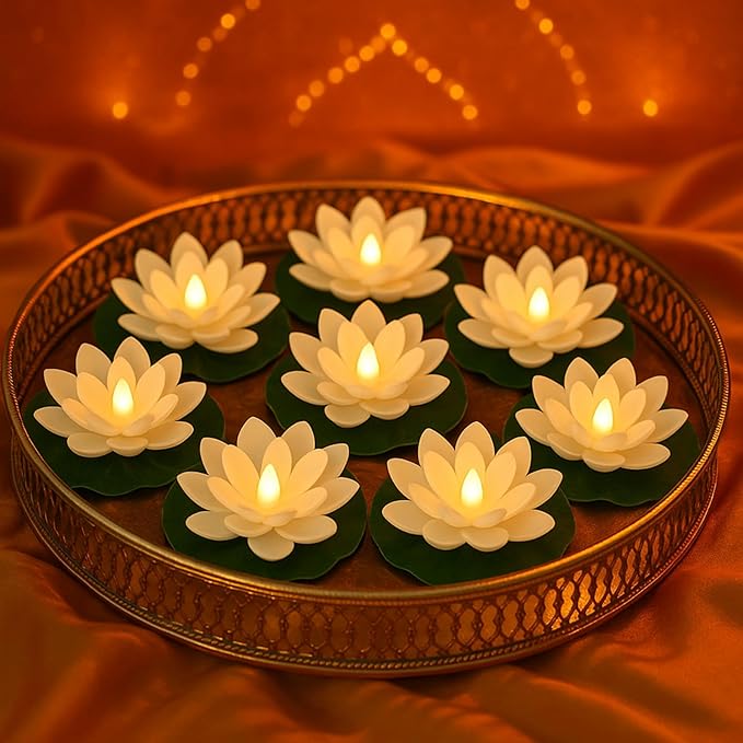 Hortsun 12 Pcs Floating Lotus Lights with Batteries Lily Pads Pool Flowers Floating Candles Decor Artificial Pond Plants Decorations for Pool Pond Outdoor Indoor (White,5.91 Inch)