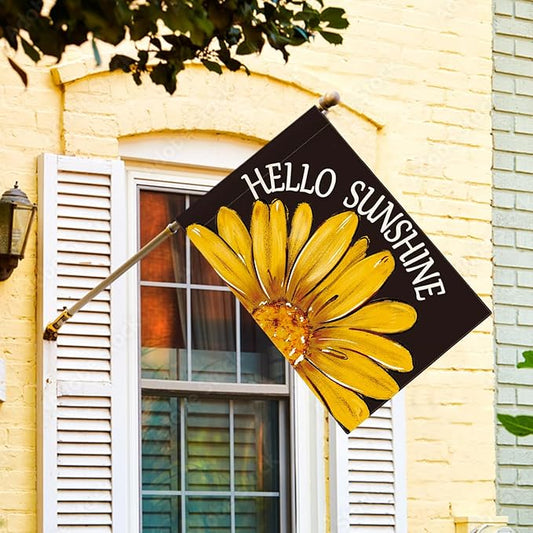 AVOIN colorlife Hello Sunshine House Flag 28x40 Inch Double Sided Outside, Summer Spring Floral Yellow Daisy Yard Outdoor Flag Black
