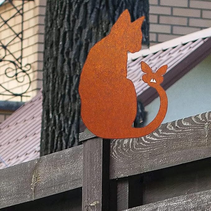 Sitting Cat Garden Statue Rustic Iron Outdoor Ornament for Yard or Patio Decoration(Sitting cat)