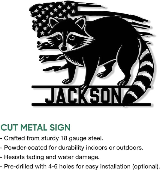 Personalized Raccoon Metal Sign, Raccoon USA Flag Hanging Sign Outdoor Porch Welcome, Custom Name - Wall Fence Yard Patio Home Office Decor Gift Birthday