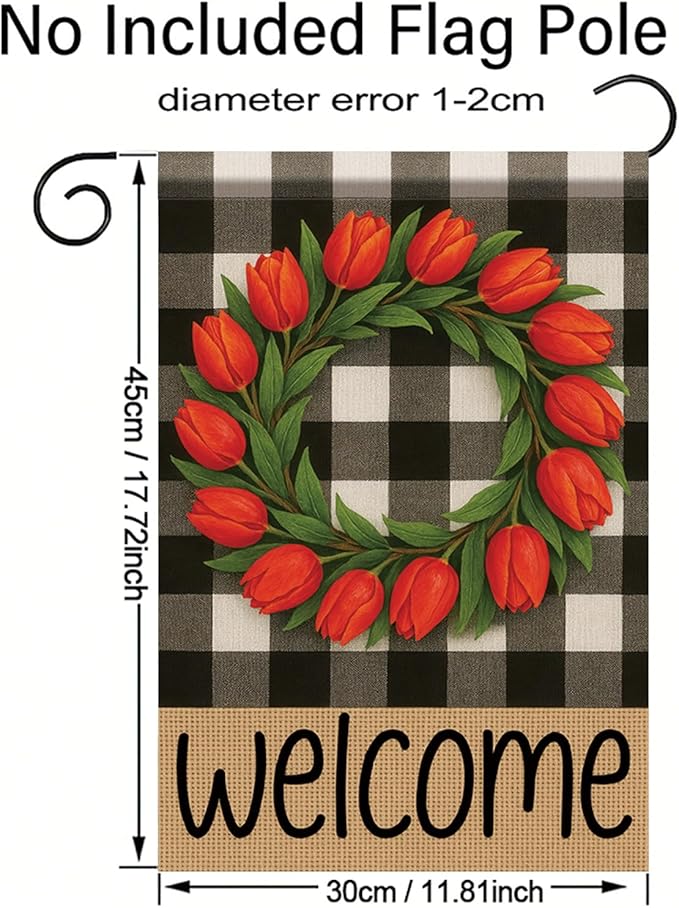 Buffalo Plaid Welcome Wreath Garden Flag 12x 18 Inch Double Sided Tulip Flower Flag Spring Outdoor Fall Autumn Farmhouse Outdoor Small Decor for Porch Lawn Patio Yard