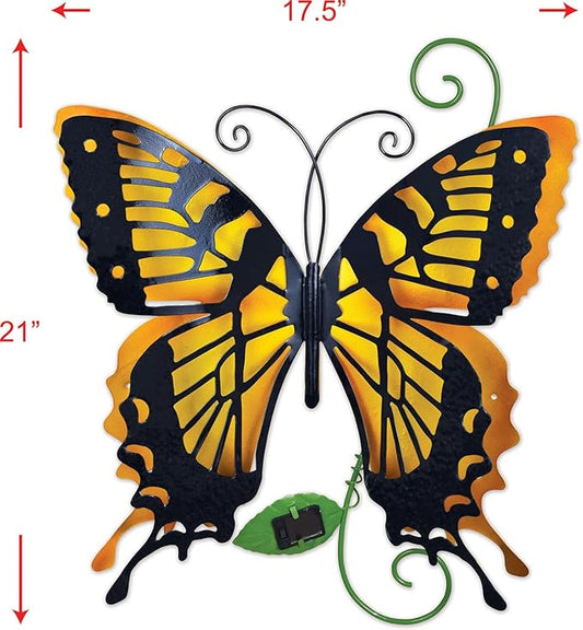 Sunset Vista Designs 94437 Outdoor Metal Sculpture Solar Lights Collection Hanging Yard and Garden Art for Fence or Wall, 17.32", Butterfly - Yellow